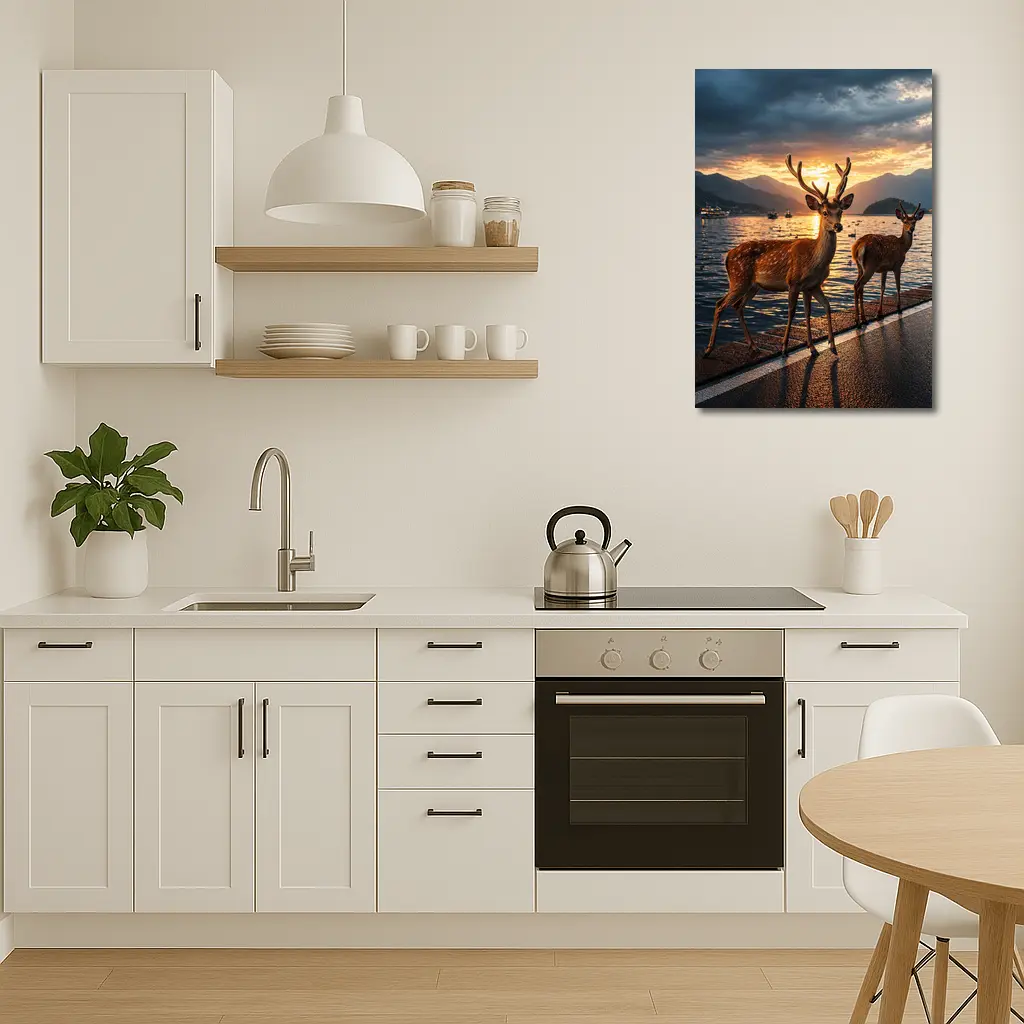 Deer Stags By Lake At Sunset – Wall Art