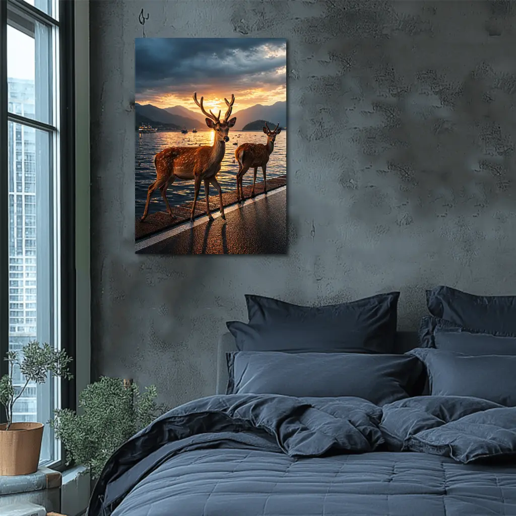 Deer Stags By Lake At Sunset – Wall Art