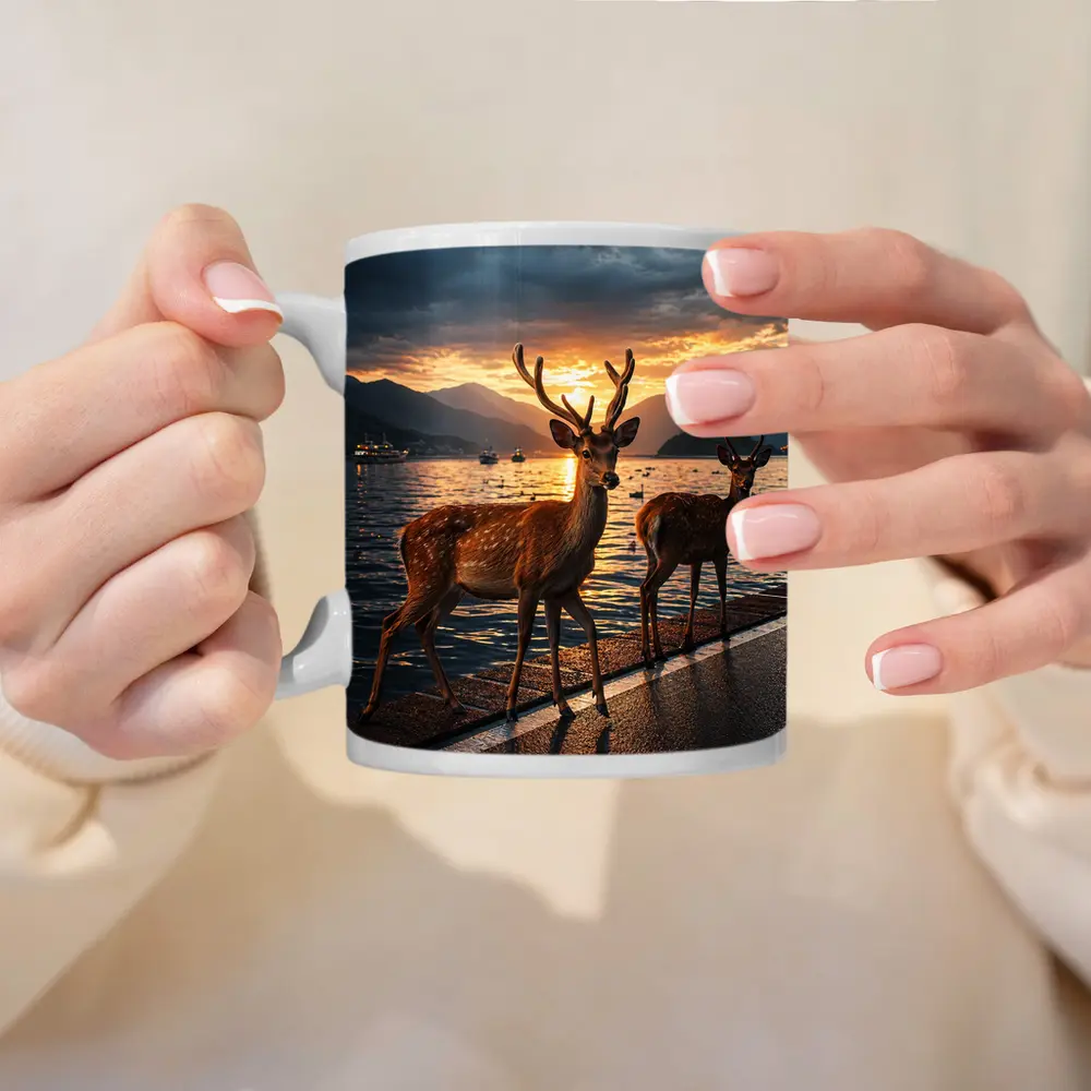 Deer Stags By Lake At Sunset – Mugs