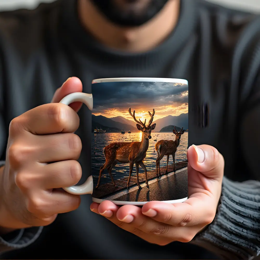 Deer Stags By Lake At Sunset – Mugs