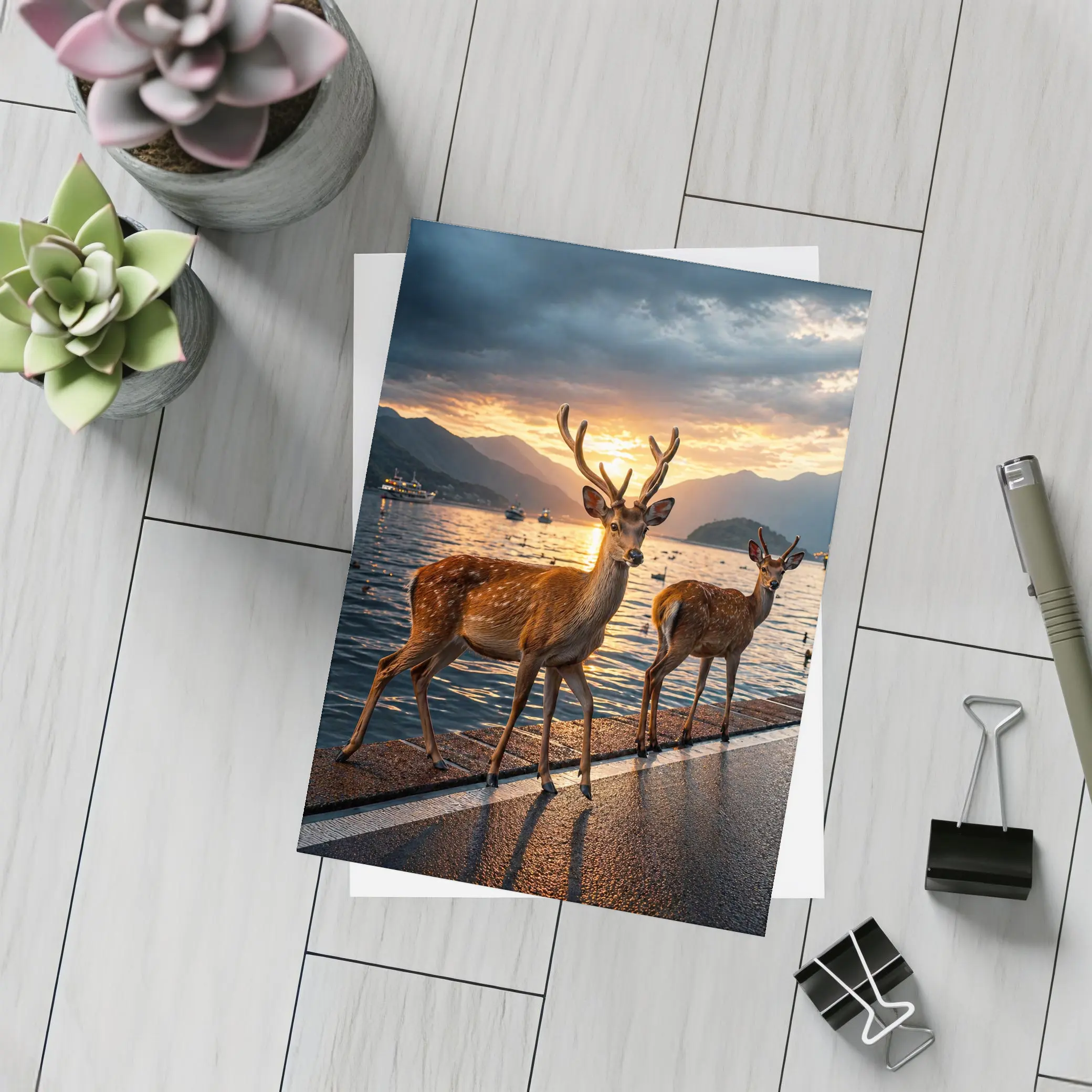 Deer Stags By Lake At Sunset – Postcards