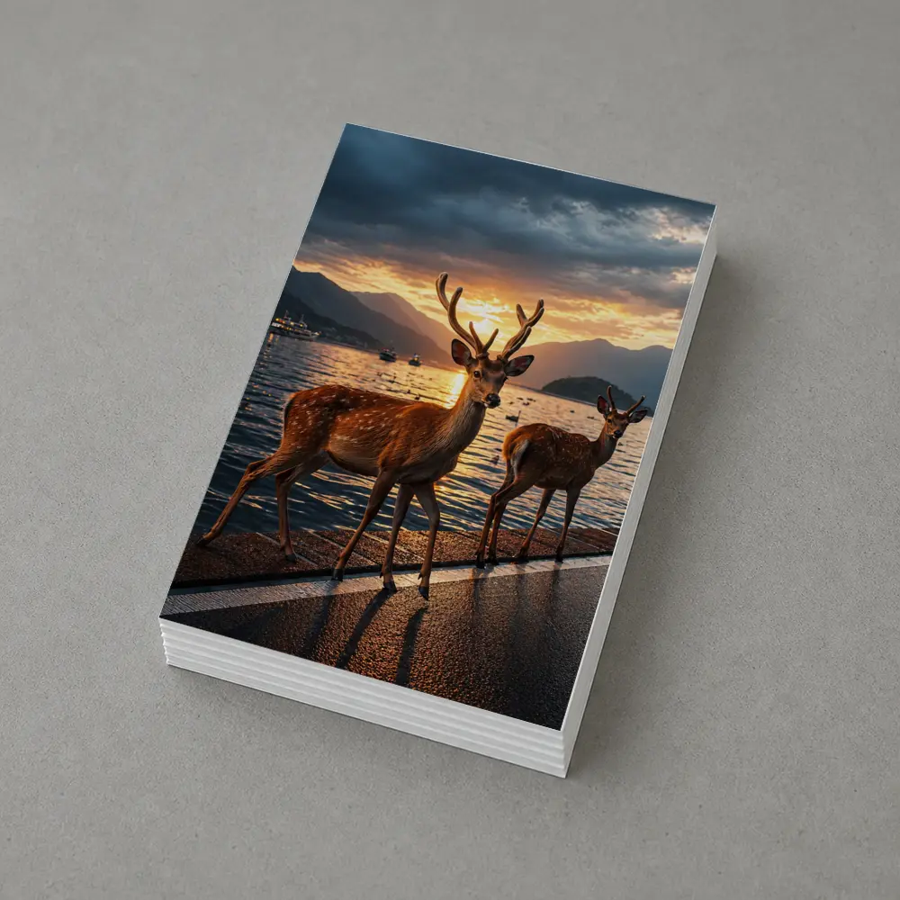Deer Stags By Lake At Sunset – Postcards