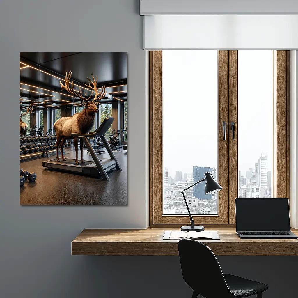 Elk Standing on Treadmill in Modern Gym – Wall Art