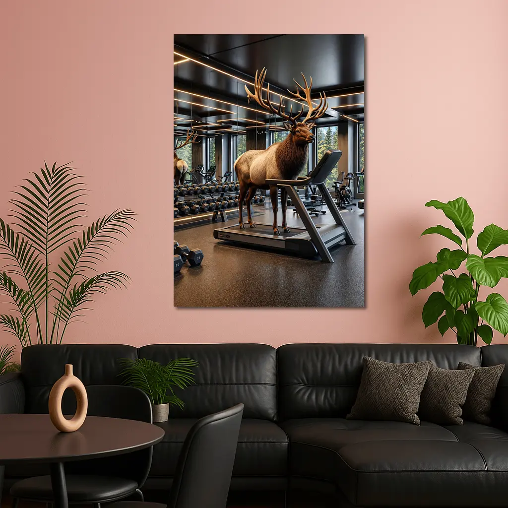 Elk Standing on Treadmill in Modern Gym – Wall Art