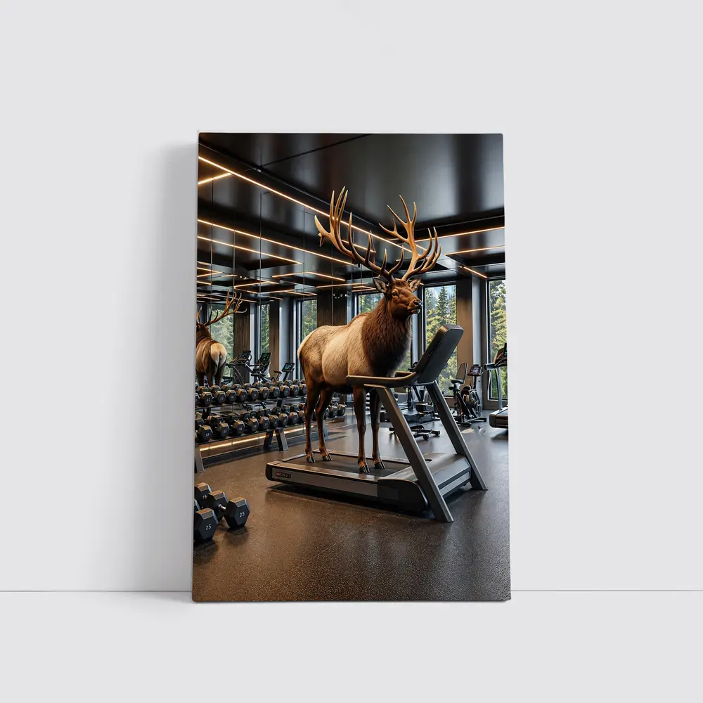 Elk Standing on Treadmill in Modern Gym – Wall Art
