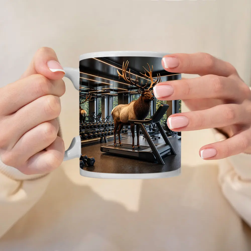 Elk Standing on Treadmill in Modern Gym – Mugs
