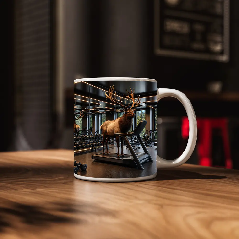 Elk Standing on Treadmill in Modern Gym – Mugs