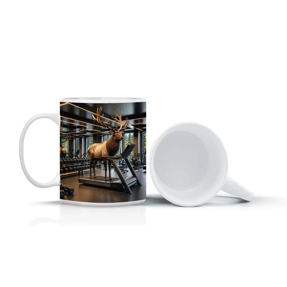 Elk Standing on Treadmill in Modern Gym – Mugs