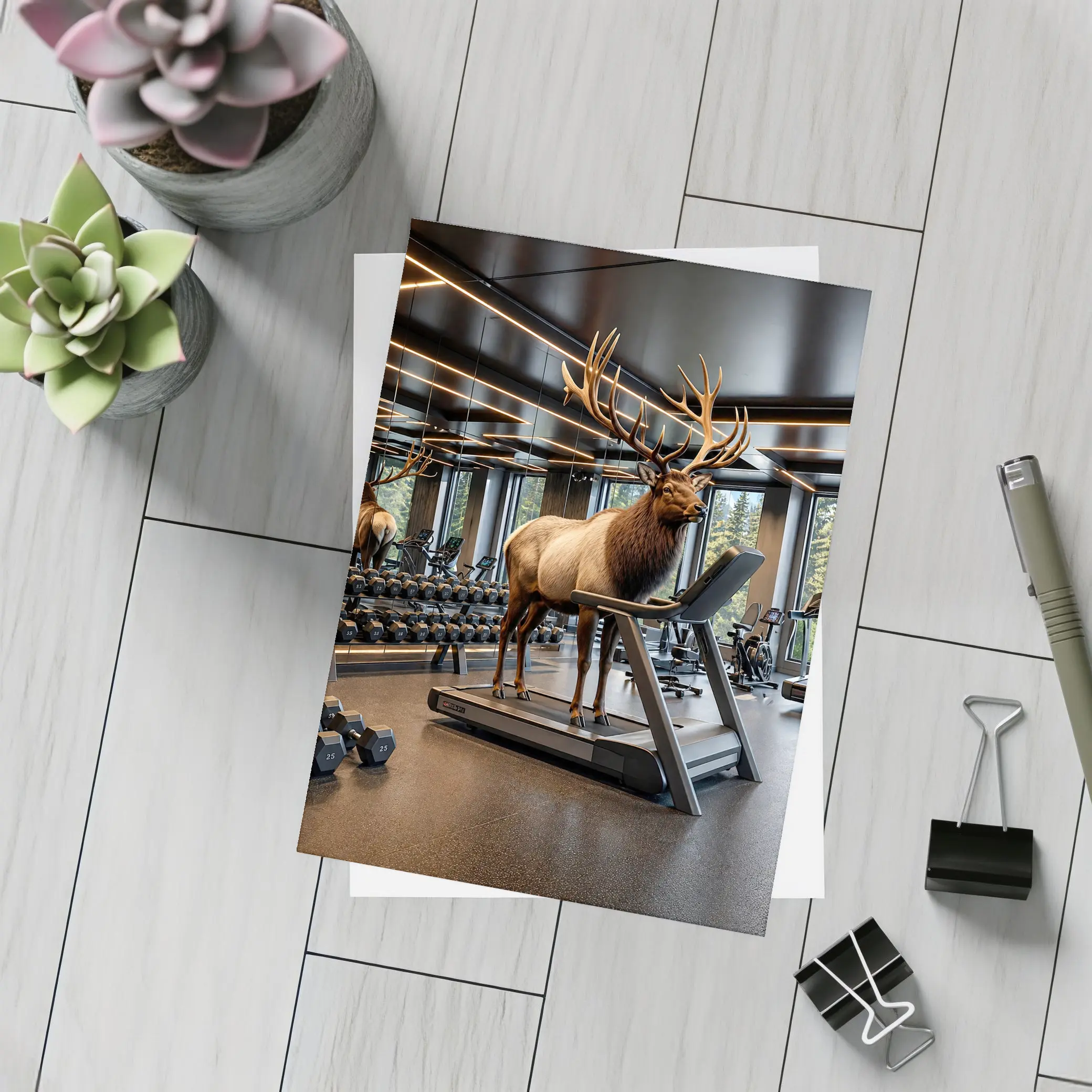 Elk Standing on Treadmill in Modern Gym – Postcards