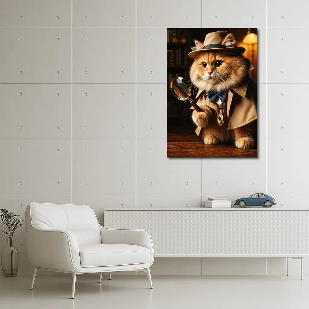 Detective Cat With Magnifying Glass Library – Wall Art