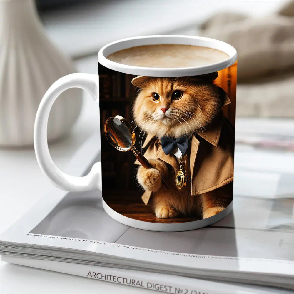 Detective Cat With Magnifying Glass Library – Mugs