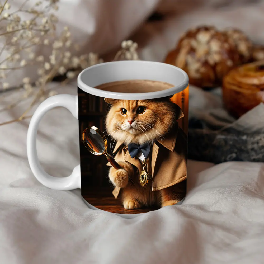 Detective Cat With Magnifying Glass Library – Mugs