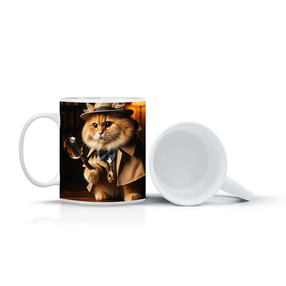 Detective Cat With Magnifying Glass Library – Mugs