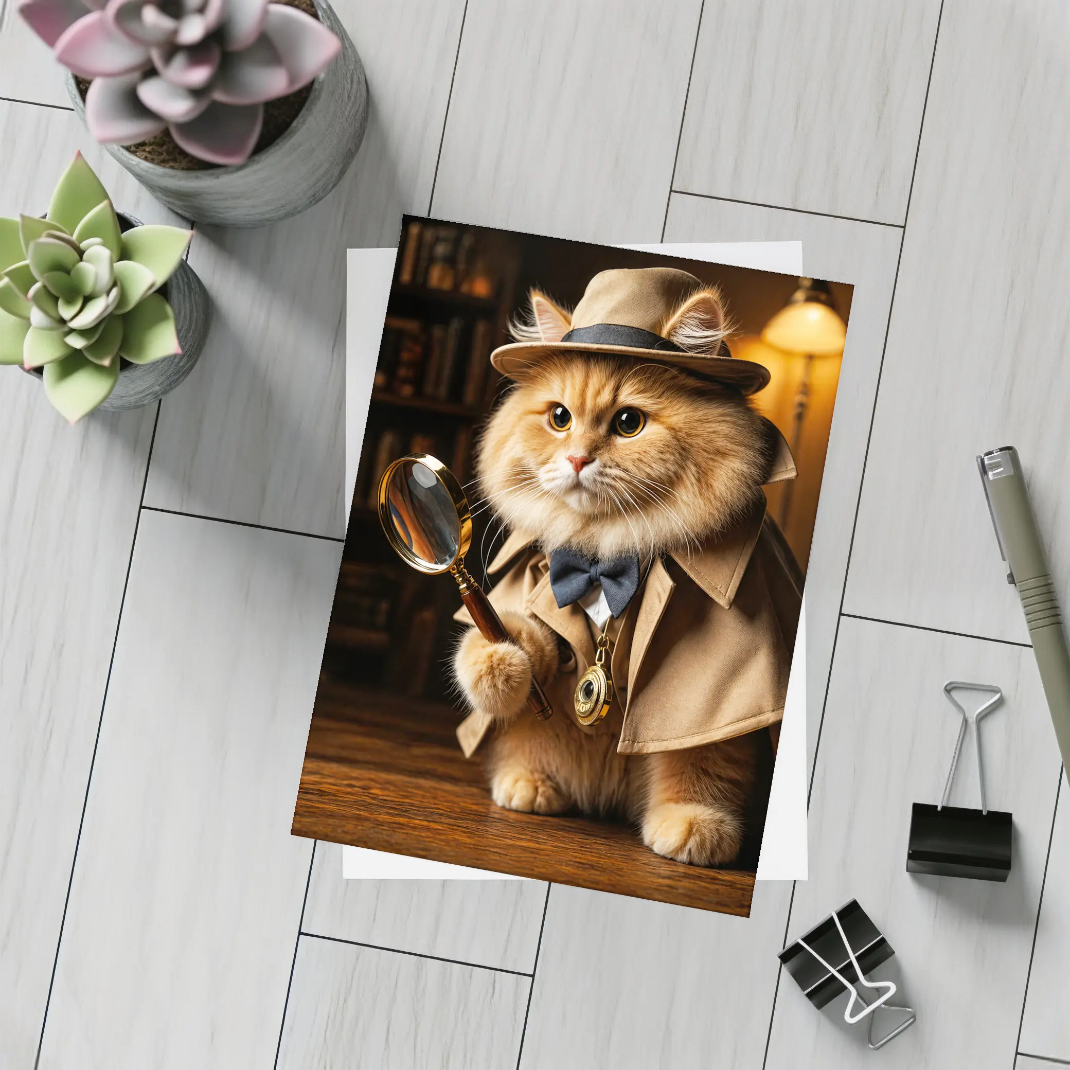 Detective Cat With Magnifying Glass Library – Postcards