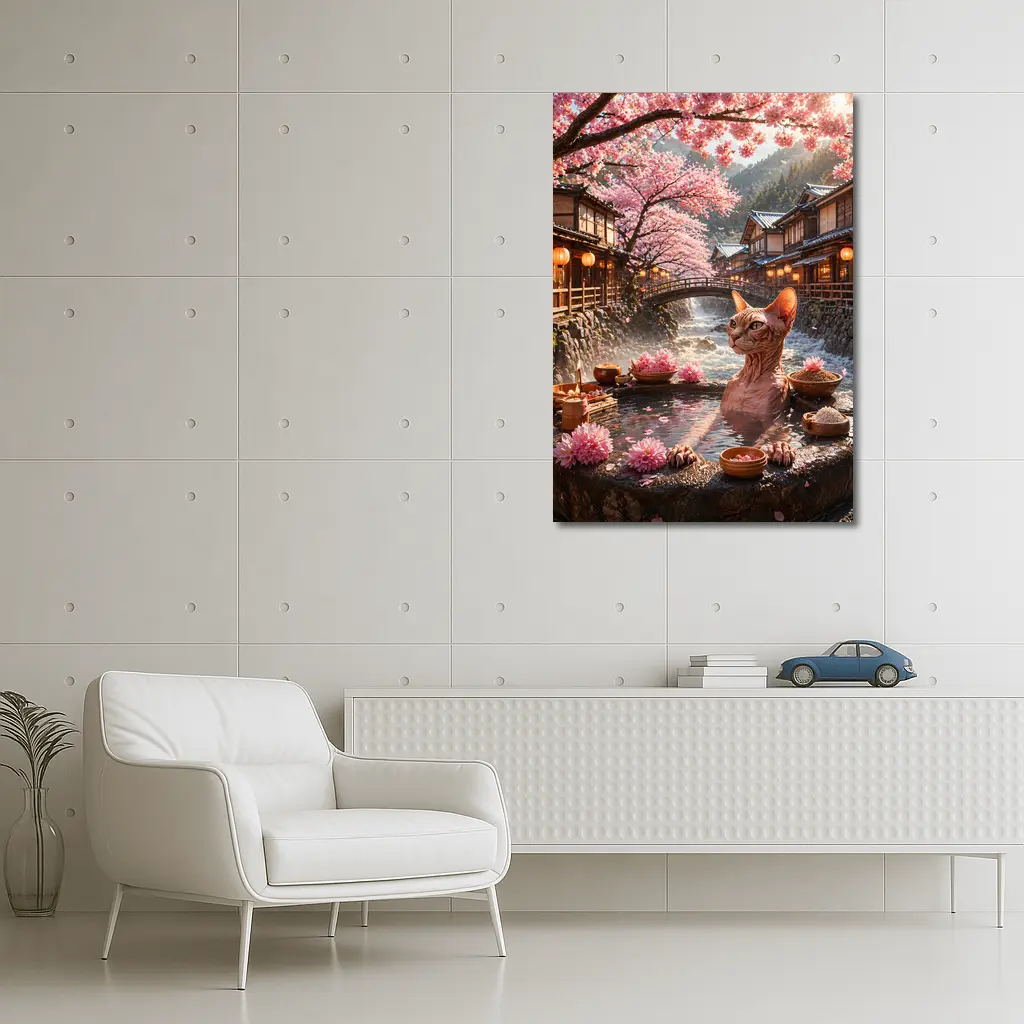 Sphynx Cat Relaxing Japanese Sakura Hot Spring – Wall Art