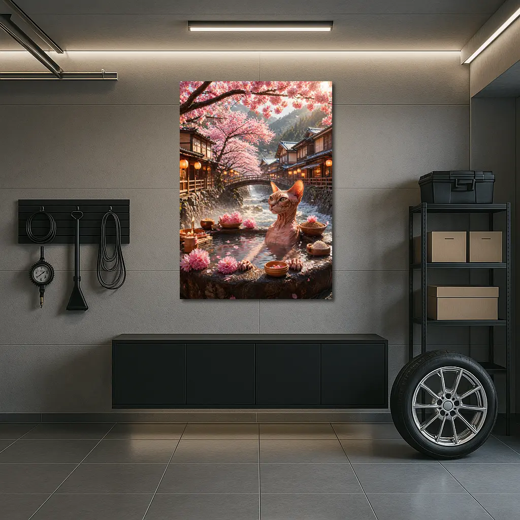 Sphynx Cat Relaxing Japanese Sakura Hot Spring – Wall Art
