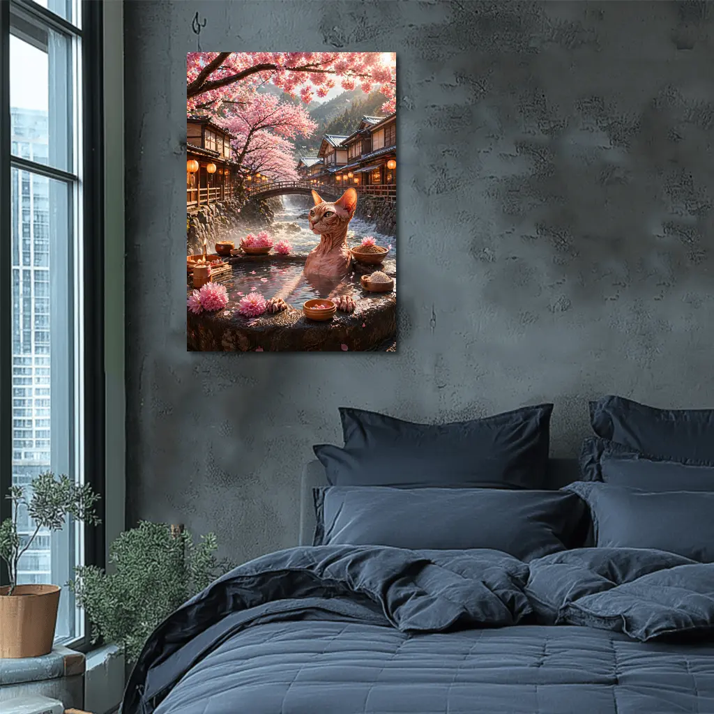 Sphynx Cat Relaxing Japanese Sakura Hot Spring – Wall Art