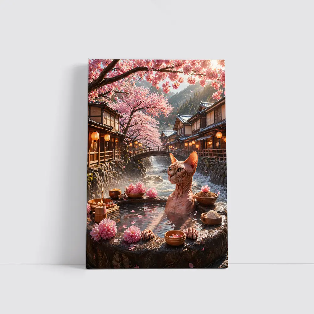 Sphynx Cat Relaxing Japanese Sakura Hot Spring – Wall Art