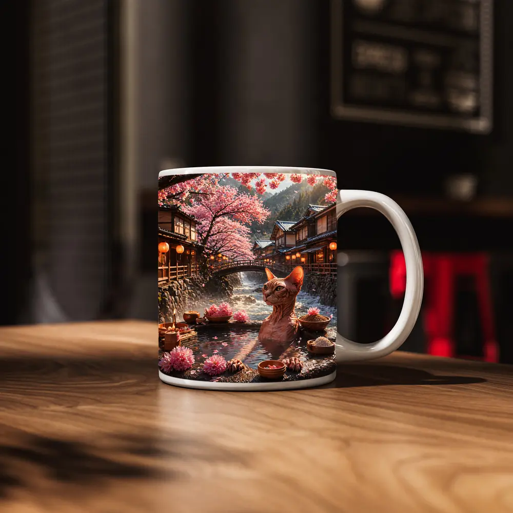 Sphynx Cat Relaxing Japanese Sakura Hot Spring – Mugs