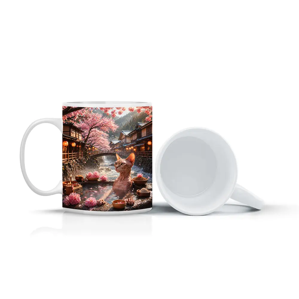 Sphynx Cat Relaxing Japanese Sakura Hot Spring – Mugs