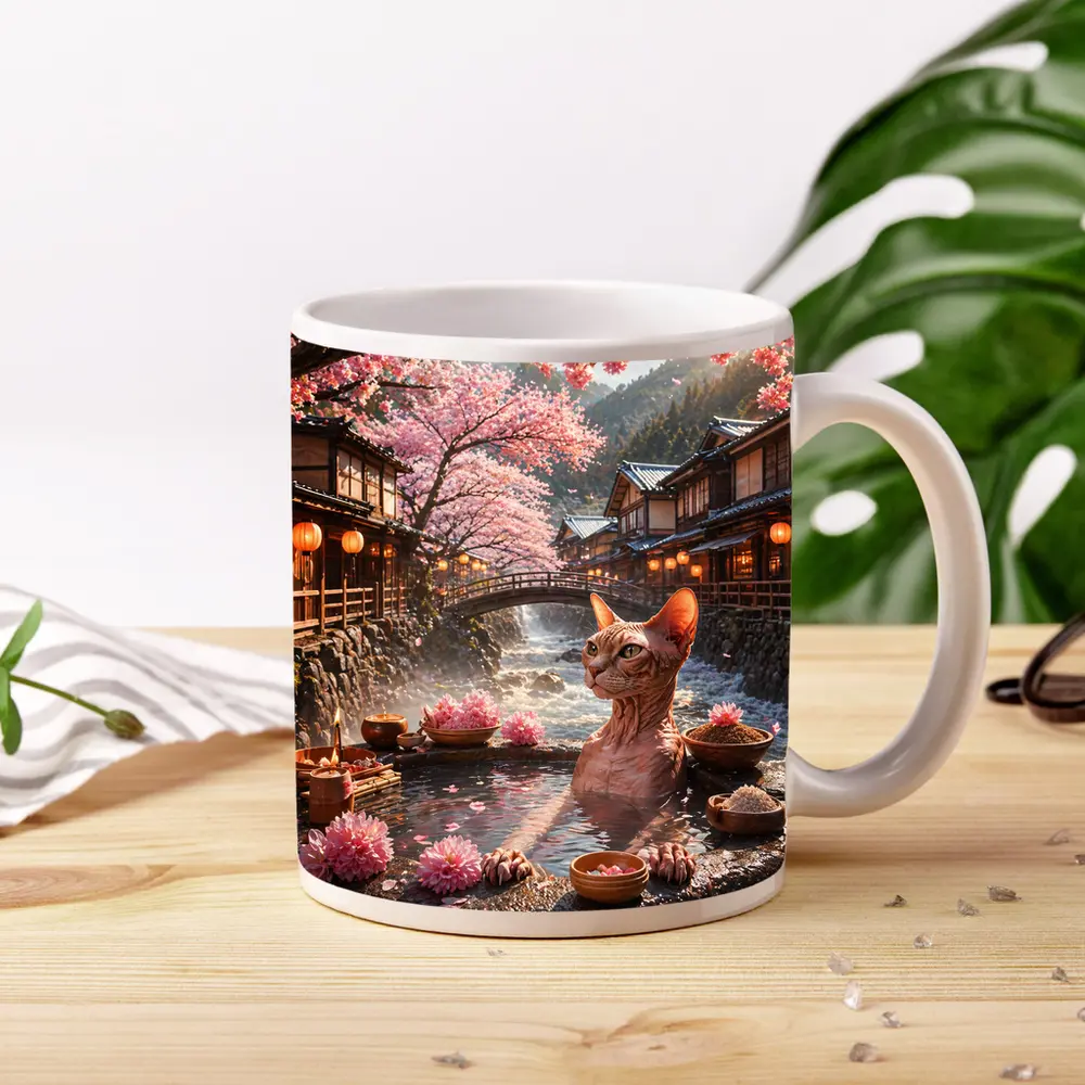 Sphynx Cat Relaxing Japanese Sakura Hot Spring – Mugs