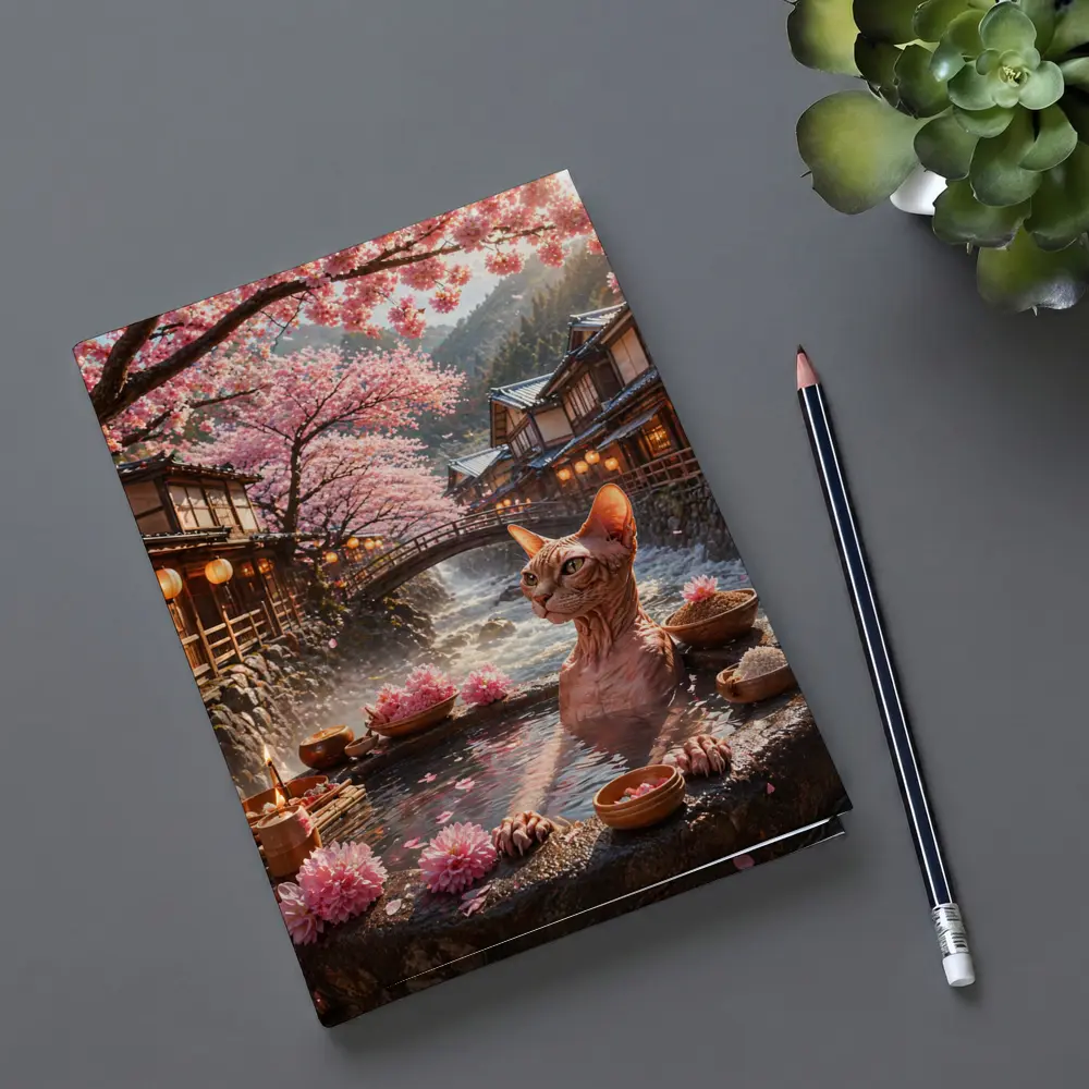 Sphynx Cat Relaxing Japanese Sakura Hot Spring – Notebooks