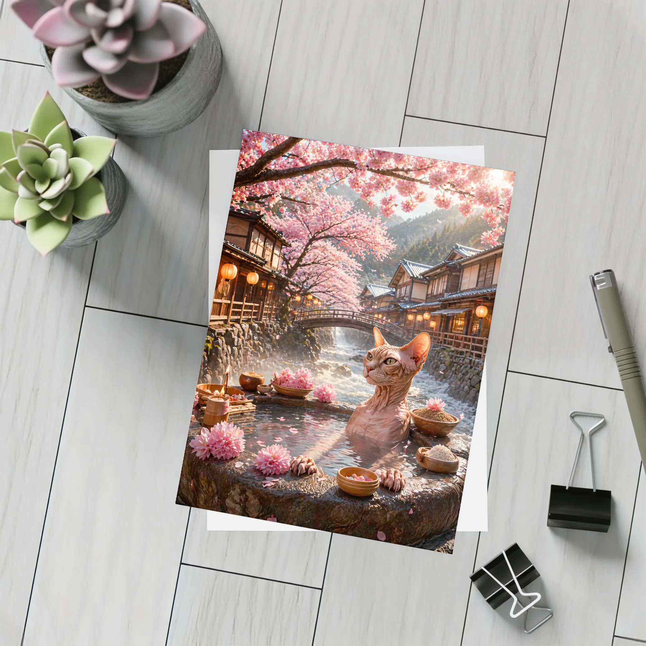 Sphynx Cat Relaxing Japanese Sakura Hot Spring – Postcards