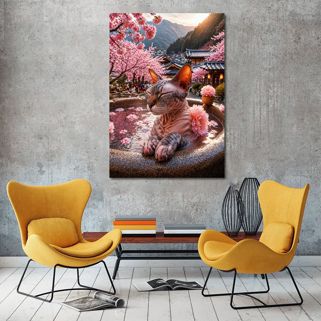 Devon Rex Cat Japanese Hot Spring Cherry Blossoms – Wall Art