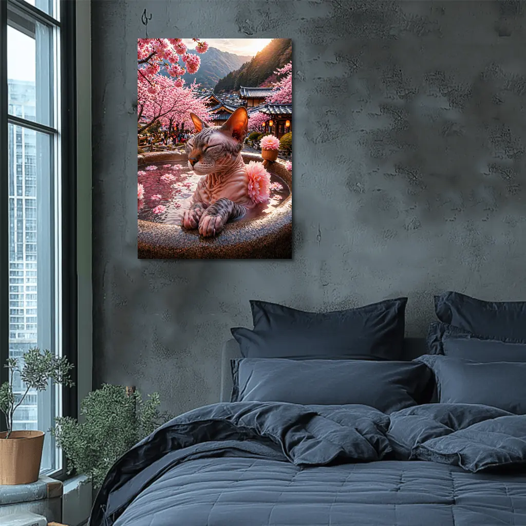 Devon Rex Cat Japanese Hot Spring Cherry Blossoms – Wall Art