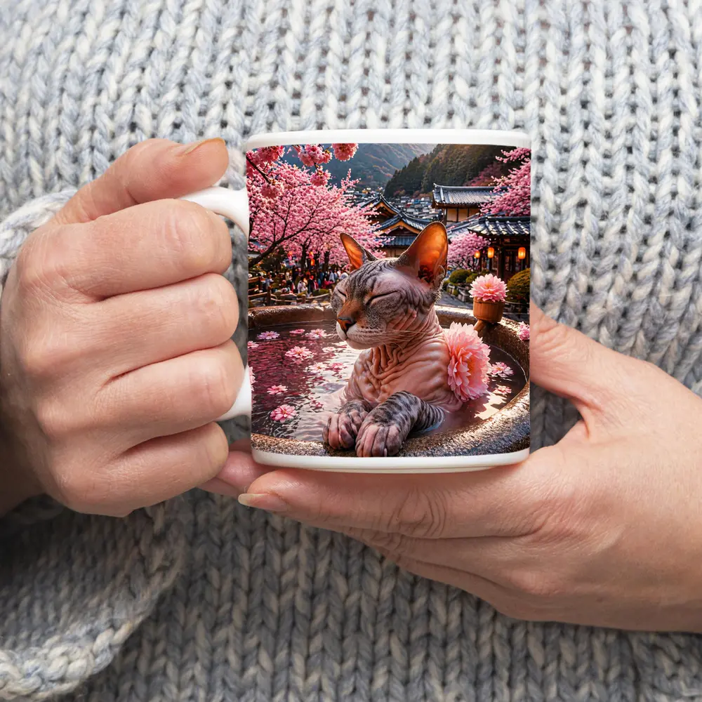 Devon Rex Cat Japanese Hot Spring Cherry Blossoms – Mugs