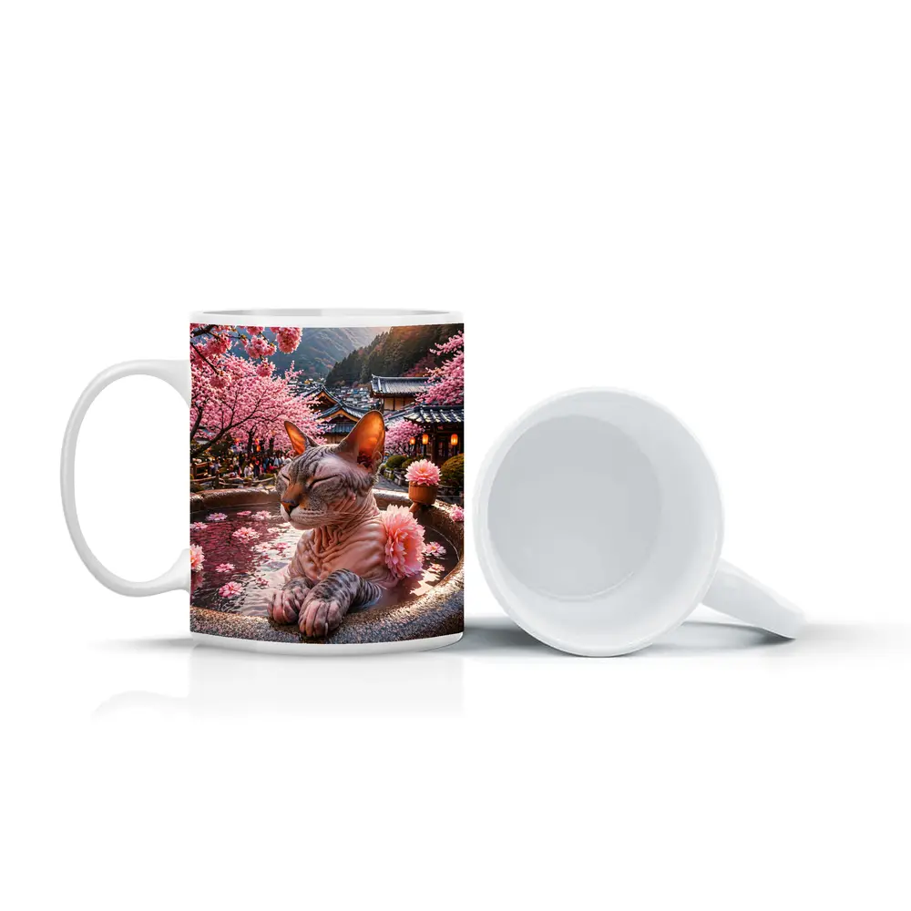 Devon Rex Cat Japanese Hot Spring Cherry Blossoms – Mugs