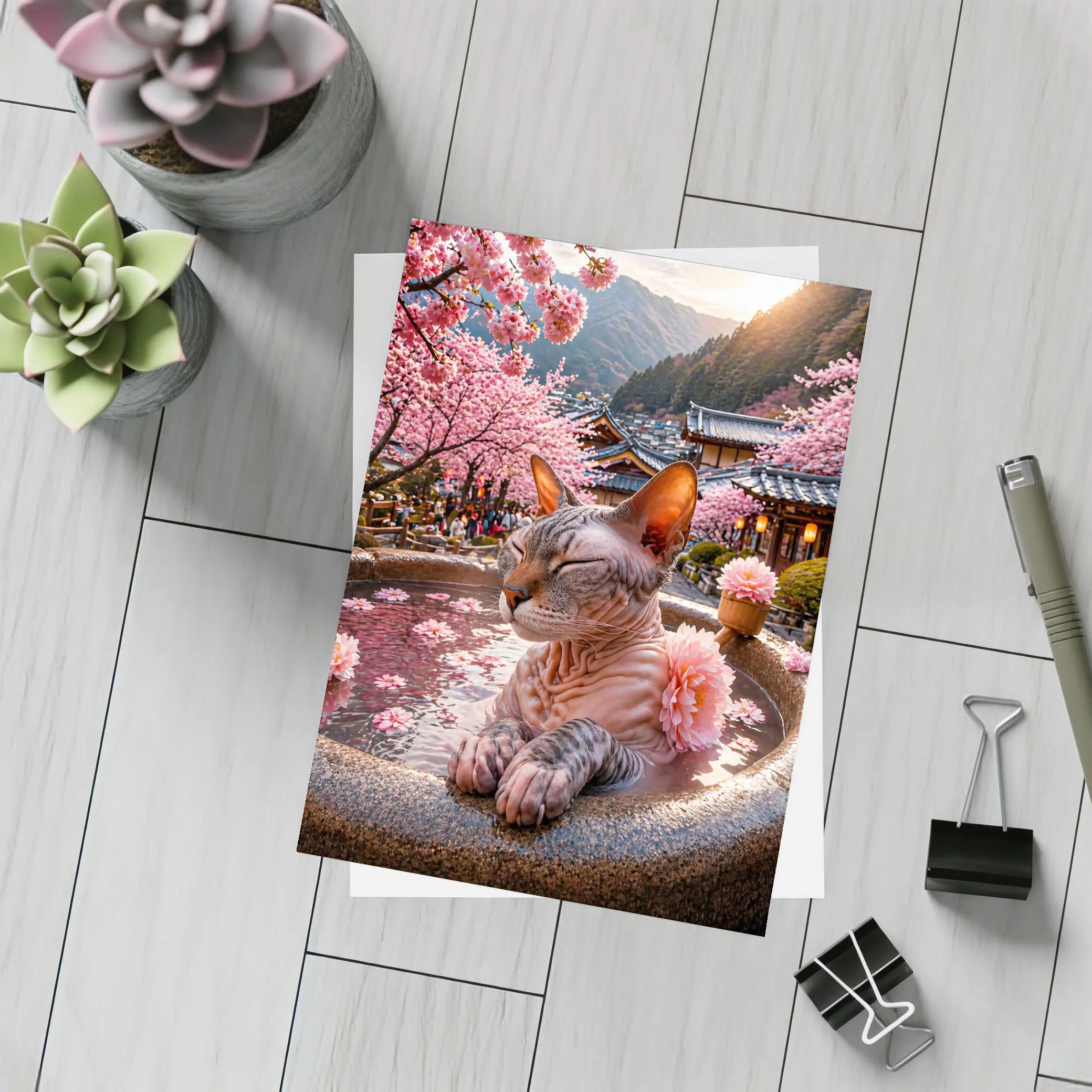 Devon Rex Cat Japanese Hot Spring Cherry Blossoms – Postcards