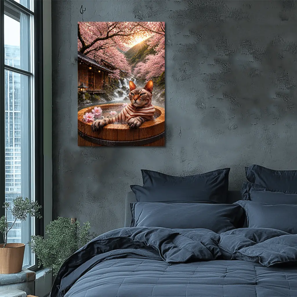 Devon Rex Cat Japanese Onsen Cherry Blossoms – Wall Art