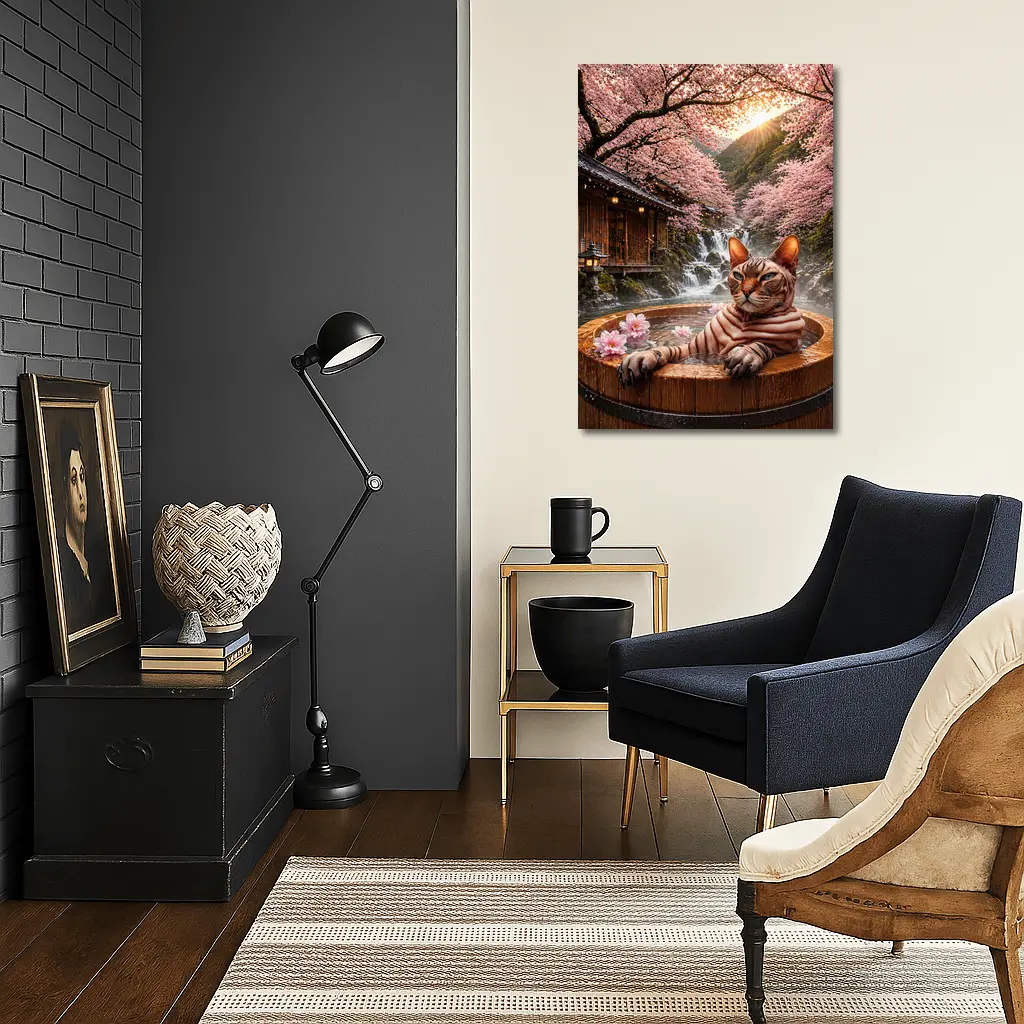 Devon Rex Cat Japanese Onsen Cherry Blossoms – Wall Art