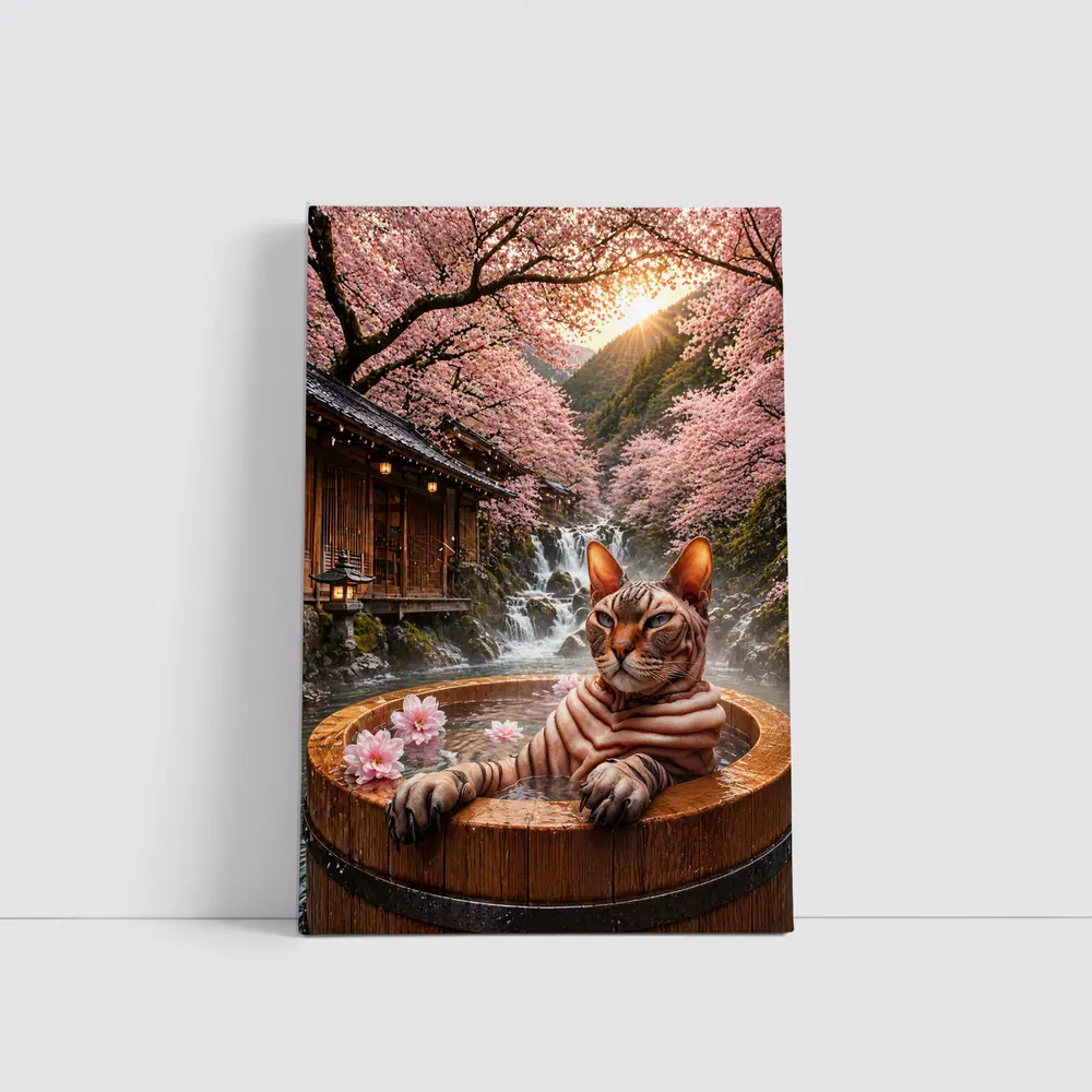 Devon Rex Cat Japanese Onsen Cherry Blossoms – Wall Art