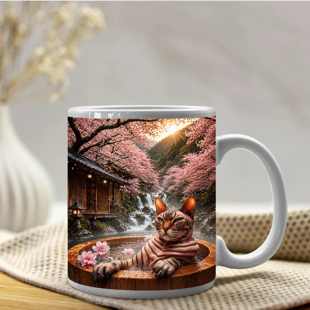 Devon Rex Cat Japanese Onsen Cherry Blossoms – Mugs
