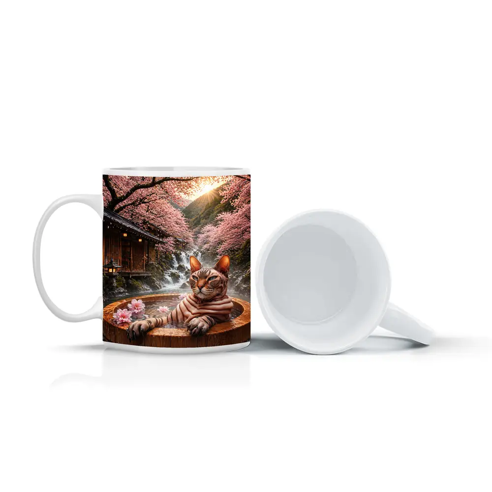 Devon Rex Cat Japanese Onsen Cherry Blossoms – Mugs
