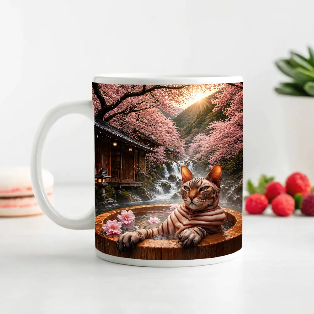 Devon Rex Cat Japanese Onsen Cherry Blossoms – Mugs