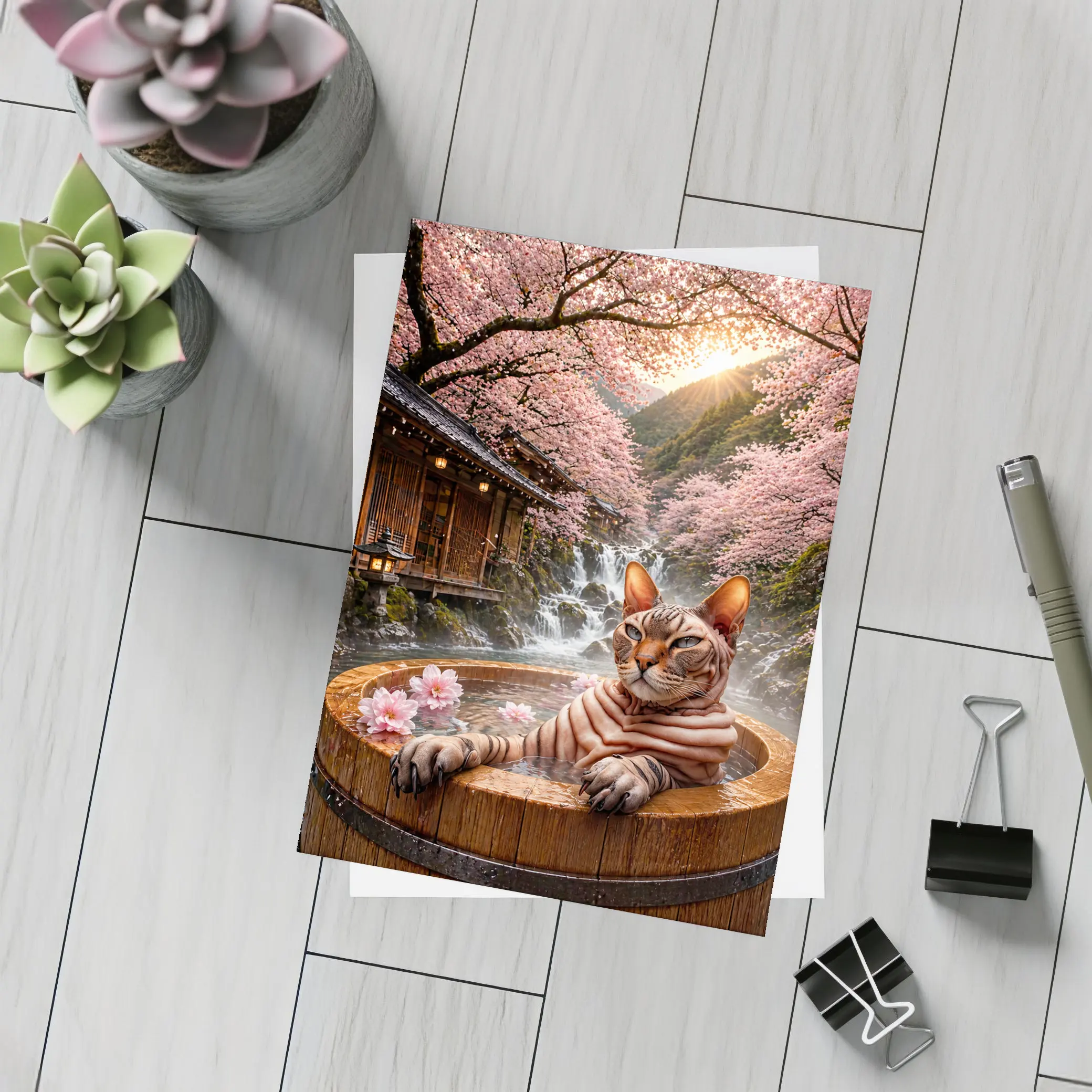 Devon Rex Cat Japanese Onsen Cherry Blossoms – Postcards