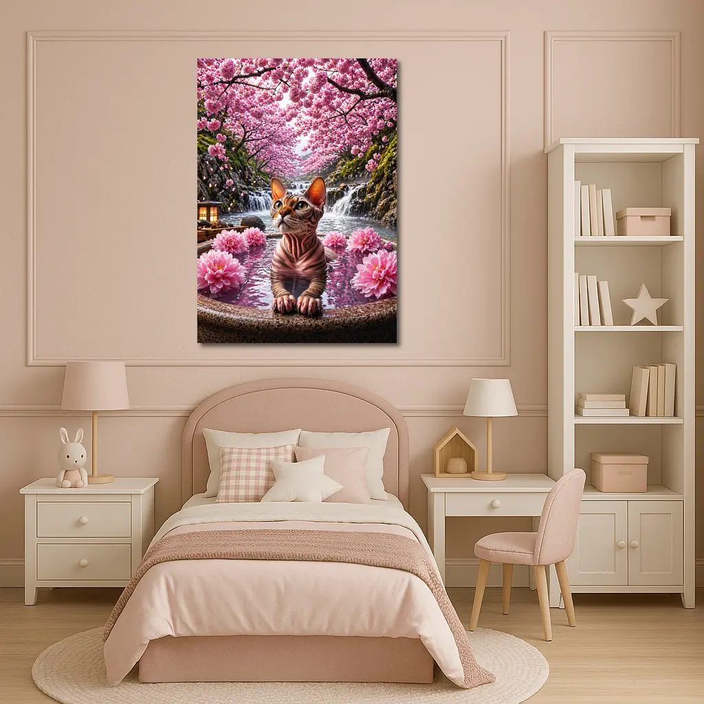 Devon Rex Cat Hot Spring Cherry Blossoms – Wall Art