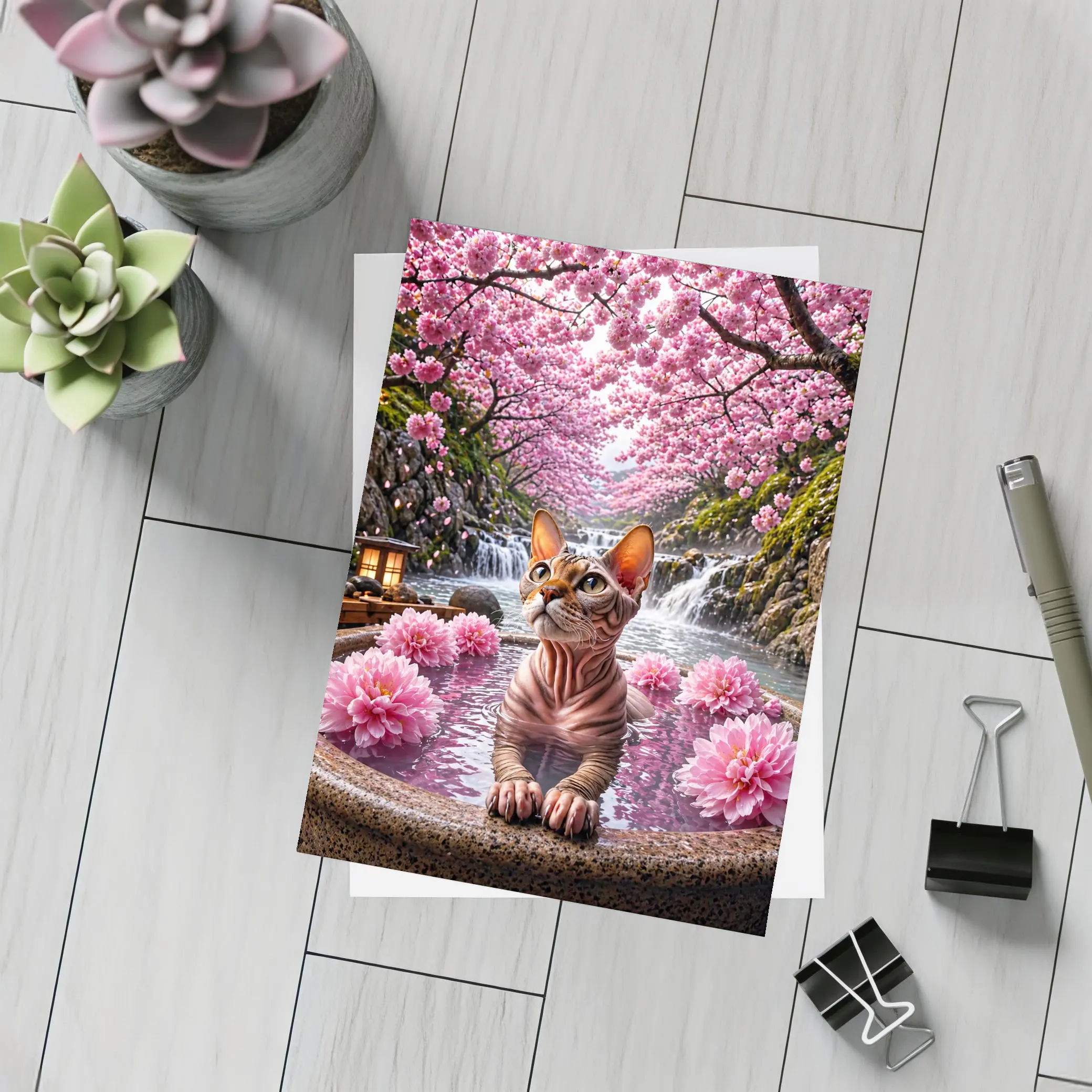 Devon Rex Cat Hot Spring Cherry Blossoms – Postcards