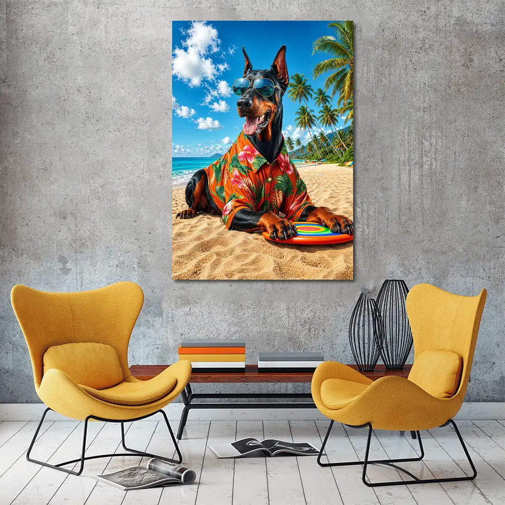 Doberman Pinscher Relaxing on Tropical Beach – Wall Art