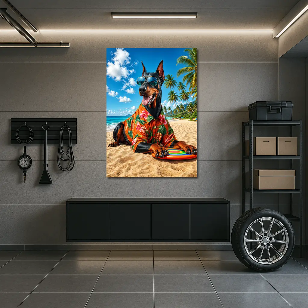 Doberman Pinscher Relaxing on Tropical Beach – Wall Art