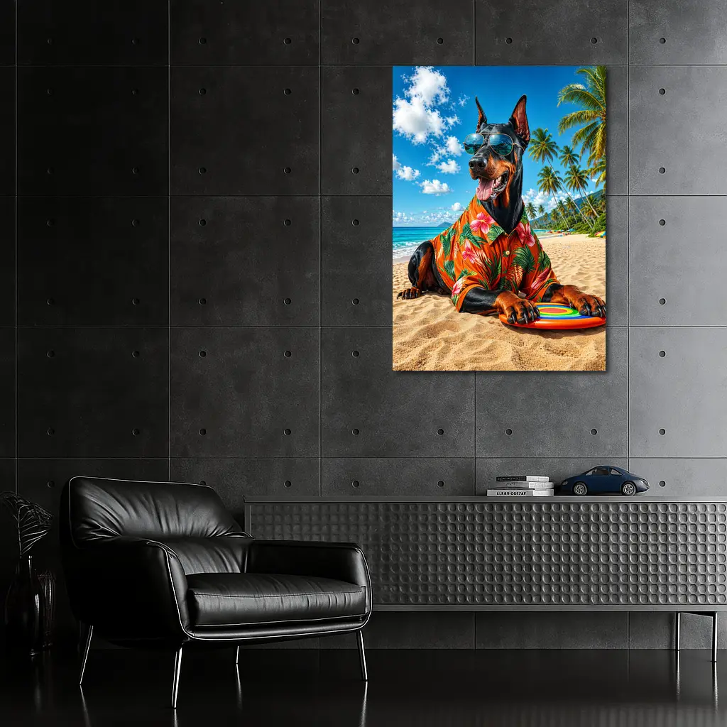 Doberman Pinscher Relaxing on Tropical Beach – Wall Art