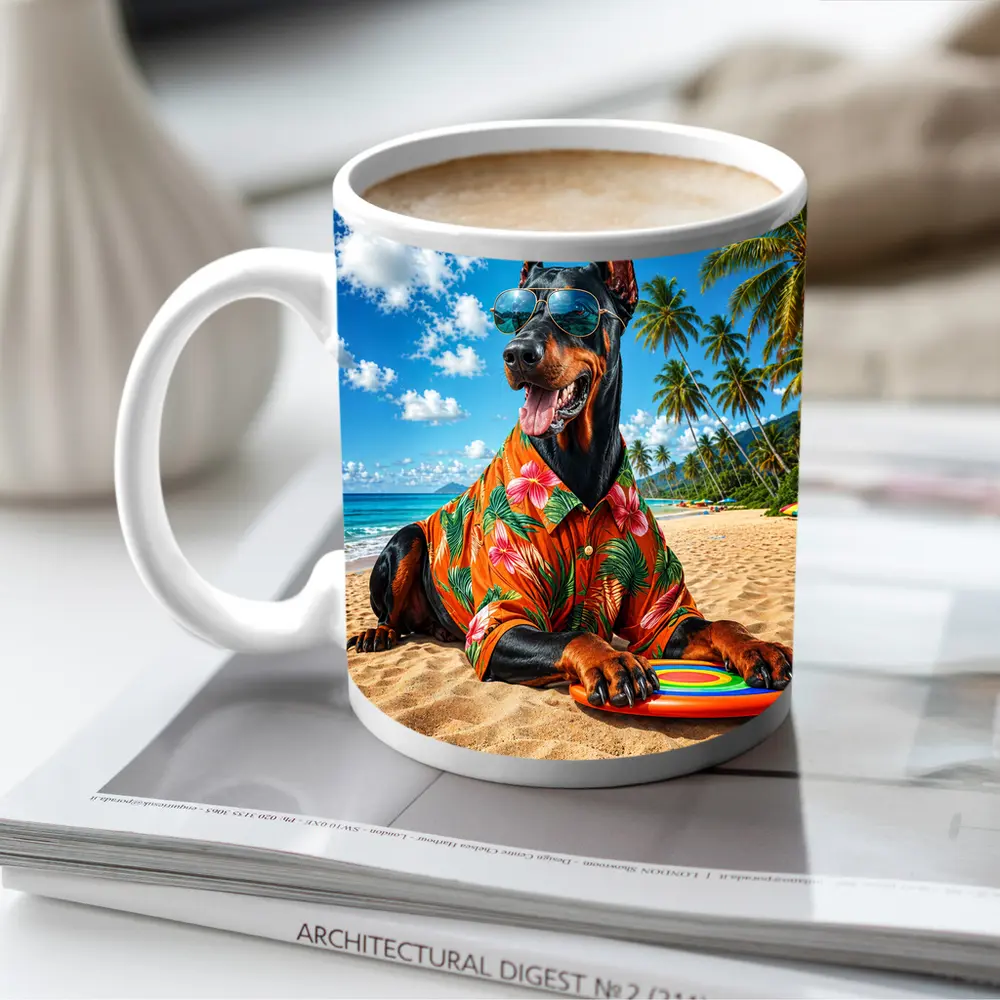 Doberman Pinscher Relaxing on Tropical Beach – Mugs