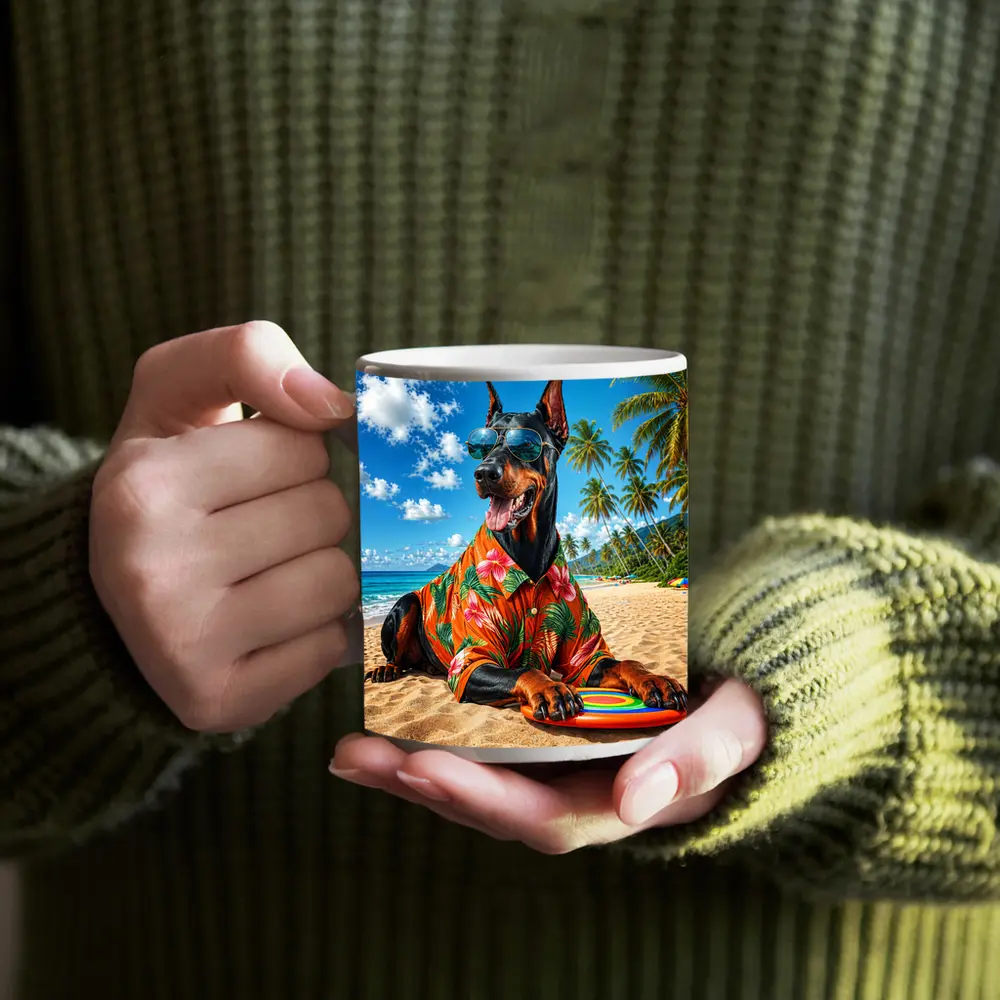 Doberman Pinscher Relaxing on Tropical Beach – Mugs