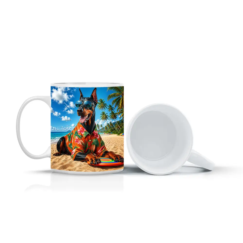 Doberman Pinscher Relaxing on Tropical Beach – Mugs