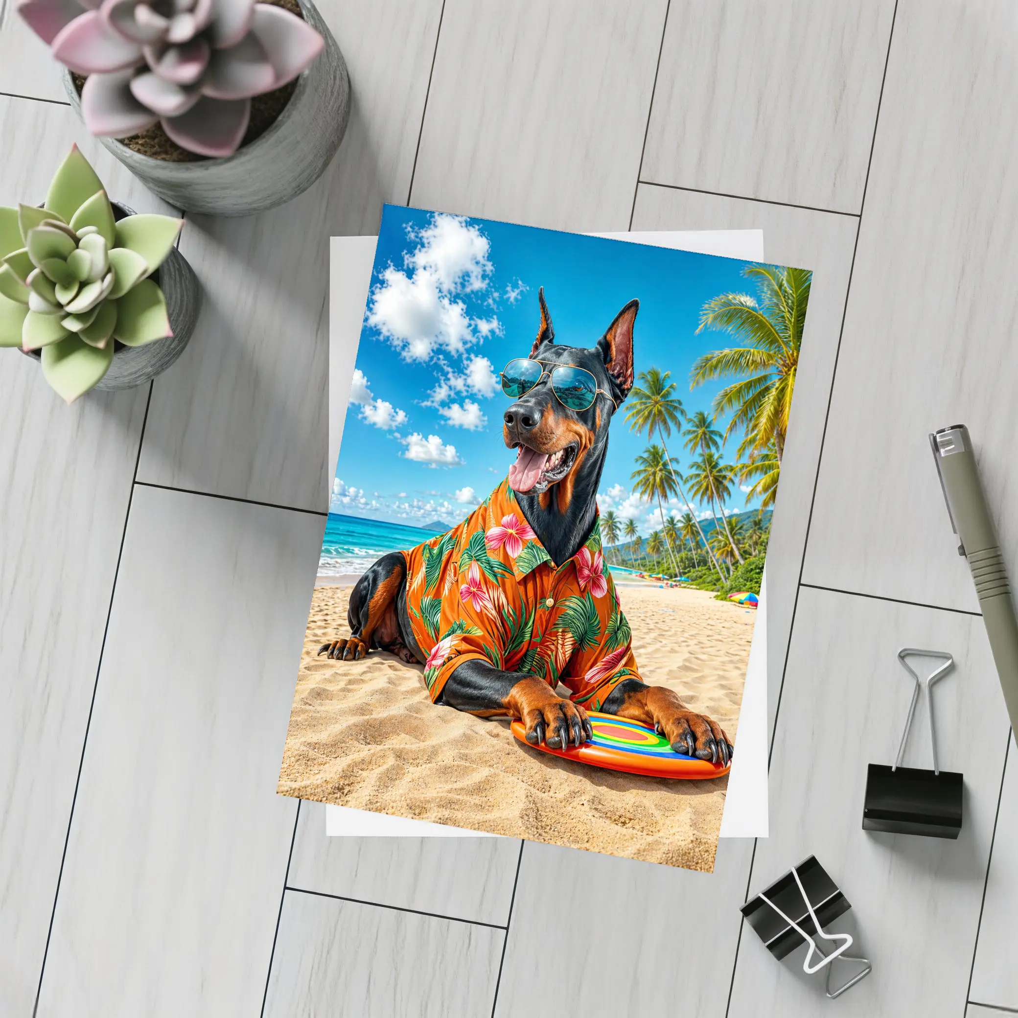 Doberman Pinscher Relaxing on Tropical Beach – Postcards