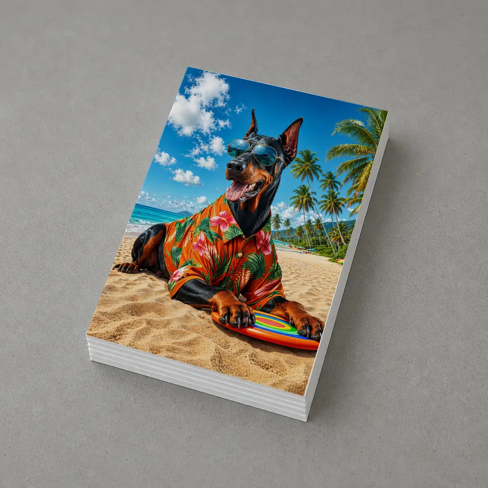 Doberman Pinscher Relaxing on Tropical Beach – Postcards
