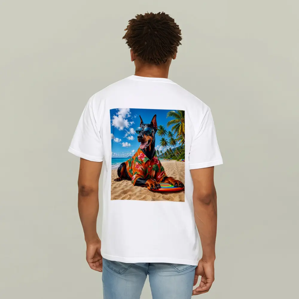 Doberman Pinscher Relaxing on Tropical Beach – T-Shirts